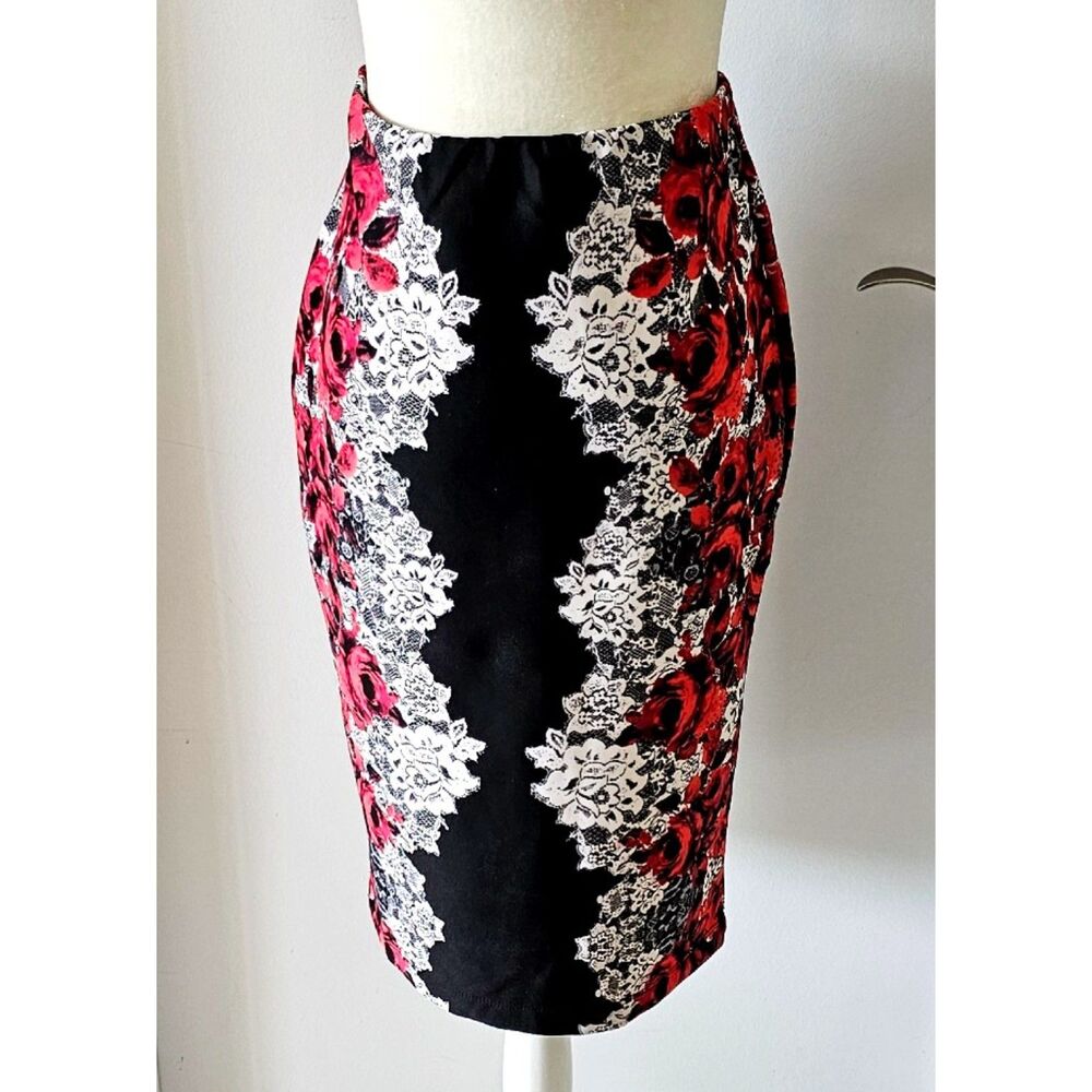 By & By Women’s Floral Print Pencil Midi Skirt Size L Red, Black and White